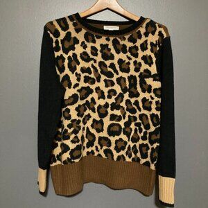 Beach Lunch Lounge Leopard Womens L Pullover Sweater Neutrals Loose Crew Neck